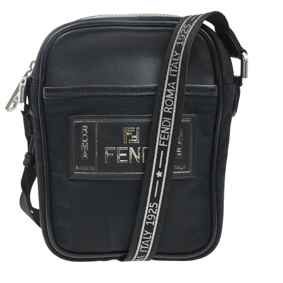 FENDI Logo Pequin Mini Shoulder Bag Nylon Leather Black SHW Italy 87KB433 - Picture 1 of 16